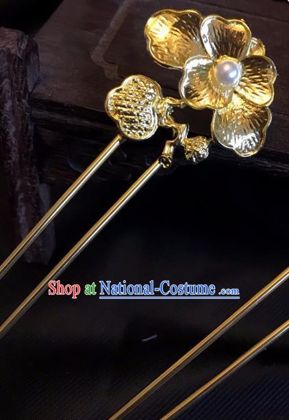 Handmade Chinese Tang Dynasty Court Queen Pearl Hair Clip Traditional Hair Accessories Ancient Golden Peony Hairpins for Women