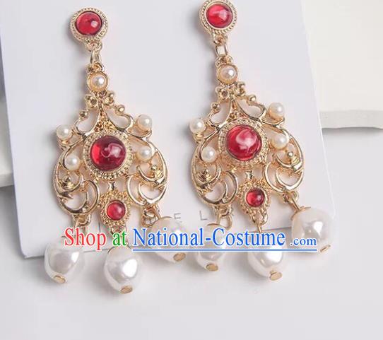 Chinese Handmade Hanfu Red Crystal Earrings Traditional Ear Jewelry Accessories Classical Golden Eardrop for Women