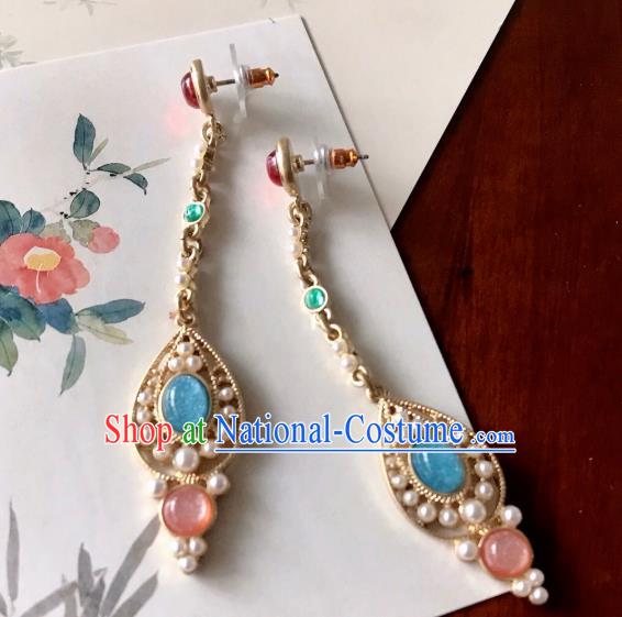 Chinese Handmade Hanfu Tang Dynasty Earrings Traditional Ear Jewelry Accessories Classical Gems Golden Eardrop for Women