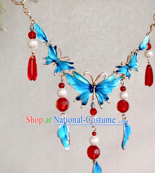 Top Grade Chinese Classical Ming Dynasty Blueing Butterfly Necklet Jewelry Accessories Handmade Ancient Hanfu Necklace for Women