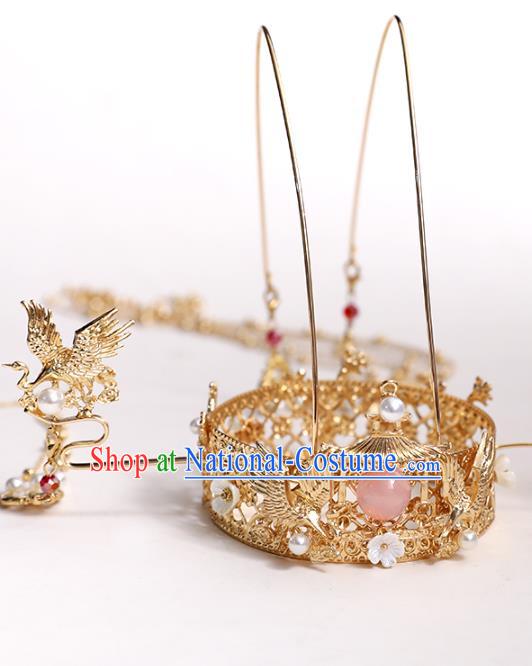 Chinese Classical Wedding Golden Crane Tassel Hair Crown Traditional Bride Hair Accessories Handmade Hanfu Round Phoenix Coronet