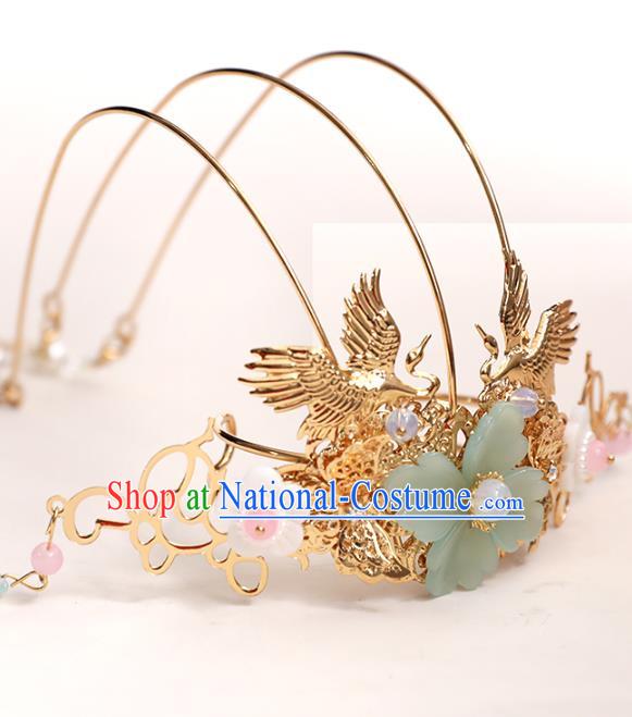 Chinese Classical Wedding Hair Crown Traditional Bride Hair Accessories Handmade Hanfu Golden Crane Tassel Phoenix Coronet