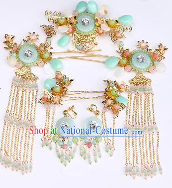 Chinese Classical Wedding Green Ring Hair Comb Traditional Bride Hair Accessories Handmade Hanfu Tassel Hairpins and Earrings Complete Set