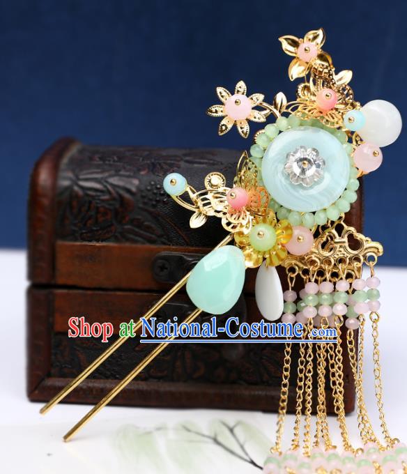 Chinese Classical Wedding Green Ring Hair Comb Traditional Bride Hair Accessories Handmade Hanfu Tassel Hairpins and Earrings Complete Set