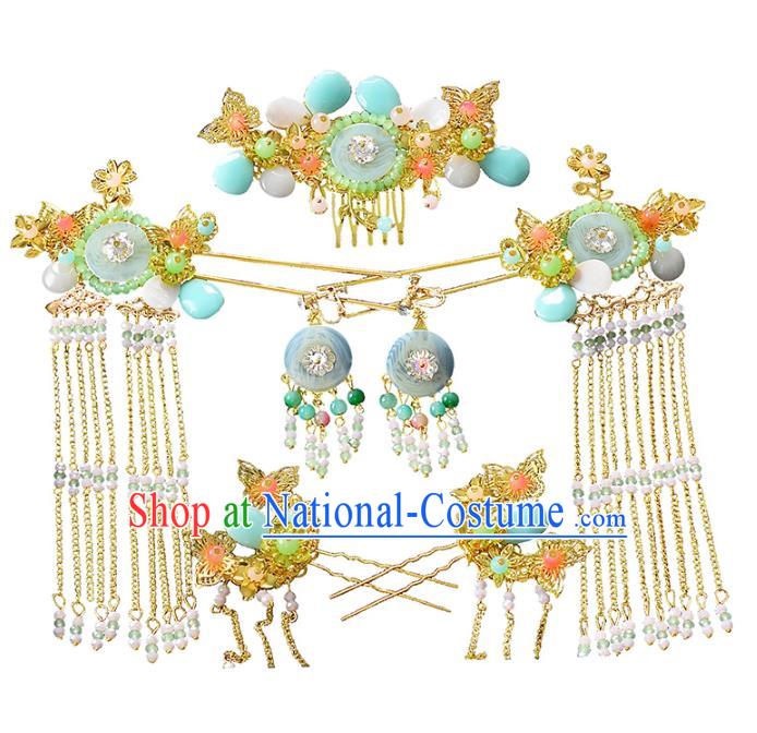 Chinese Classical Wedding Green Ring Hair Comb Traditional Bride Hair Accessories Handmade Hanfu Tassel Hairpins and Earrings Complete Set