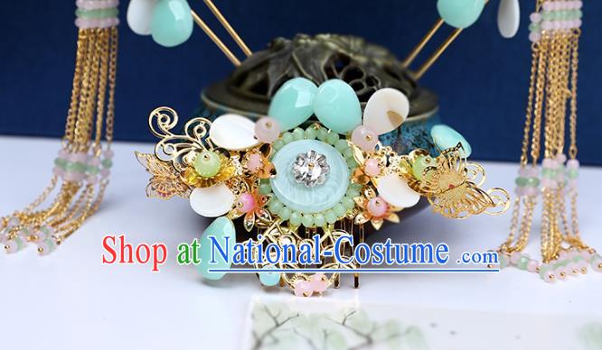 Chinese Classical Wedding Green Ring Hair Comb Traditional Bride Hair Accessories Handmade Hanfu Tassel Hairpins and Earrings Complete Set