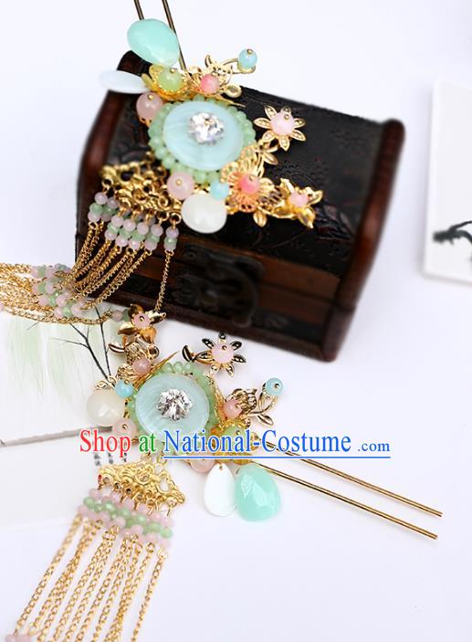 Chinese Classical Wedding Green Ring Hair Comb Traditional Bride Hair Accessories Handmade Hanfu Tassel Hairpins and Earrings Complete Set