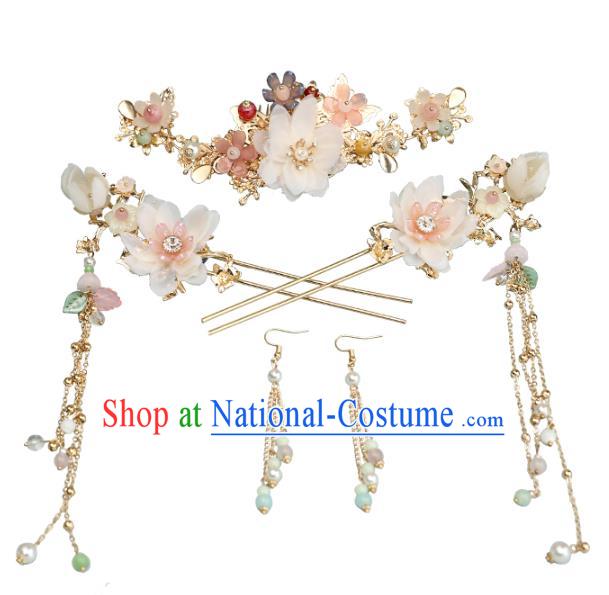 Chinese Classical Wedding Silk Flower Hair Comb Traditional Bride Hair Accessories Handmade Hanfu Tassel Hairpins and Earrings Complete Set