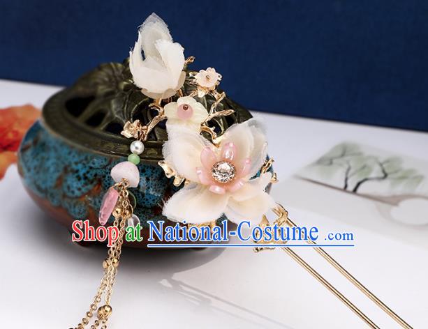 Chinese Classical Wedding Silk Flower Hair Comb Traditional Bride Hair Accessories Handmade Hanfu Tassel Hairpins and Earrings Complete Set