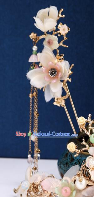 Chinese Classical Wedding Silk Flower Hair Comb Traditional Bride Hair Accessories Handmade Hanfu Tassel Hairpins and Earrings Complete Set