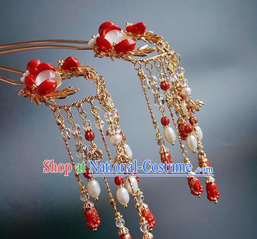 Handmade Chinese Red Beads Tassel Hair Clip Traditional Hair Accessories Ancient Hanfu Classical Albite Hairpins for Women