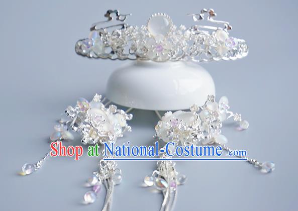 Chinese Classical Wedding Albite Hair Comb Traditional Bride Hair Accessories Handmade Hanfu Argent Tassel Hairpins Complete Set