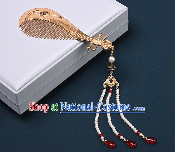 Chinese Traditional Hanfu Pearls Tassel Hair Comb Hair Accessories Handmade Tang Dynasty Golden Hairpins for Women