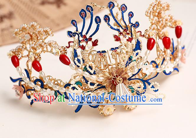 Chinese Classical Wedding Pearls Hair Comb Traditional Bride Hair Accessories Handmade Hanfu Golden Phoenix Hair Comb