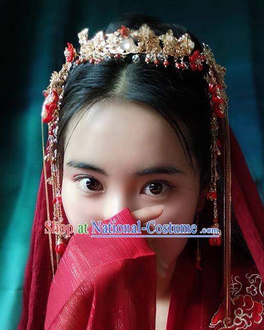 Chinese Classical Wedding Red Beads Tassel Hair Crown Traditional Bride Hair Accessories Handmade Hanfu Golden Cloud Hairpins