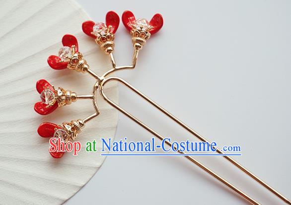 Handmade Chinese Red Flowers Hair Clip Traditional Hair Accessories Ancient Hanfu Classical Golden Hairpins for Women