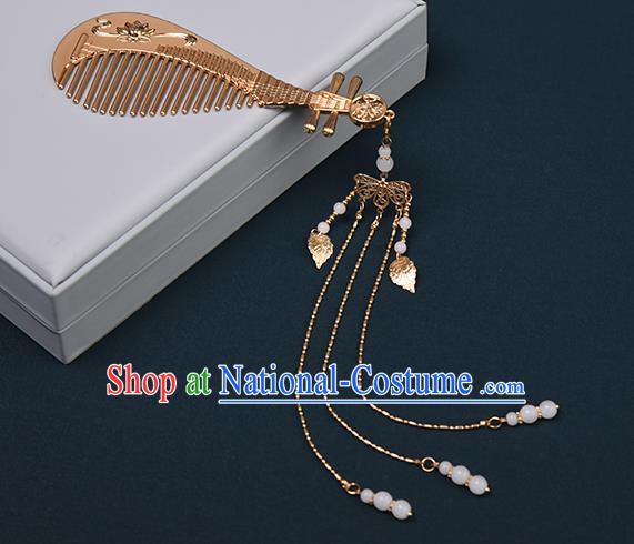 Chinese Traditional Hanfu Tassel Hair Comb Hair Accessories Handmade Tang Dynasty Golden Lute Hairpins for Women