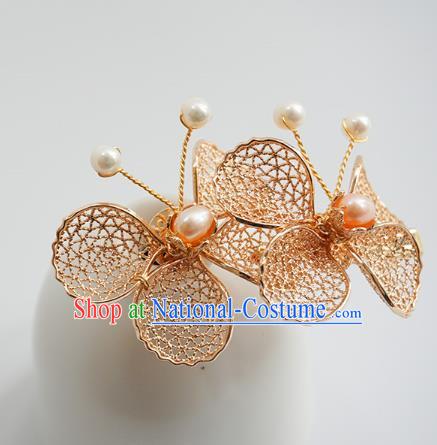 Handmade Chinese Pearl Hair Clip Traditional Hair Accessories Ancient Hanfu Classical Golden Butterfly Hairpins for Women