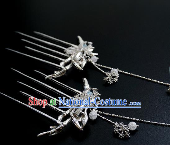 Handmade Chinese Argent Bamboo Hair Comb Traditional Hair Accessories Ancient Hanfu Classical Tassel Hairpins for Women