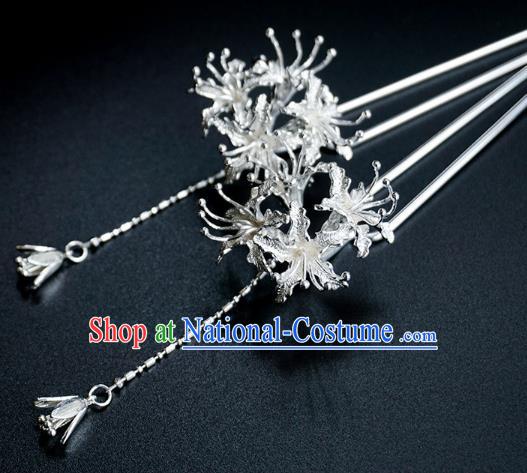 Handmade Chinese Argent Manjusaka Hair Clip Traditional Hair Accessories Ancient Hanfu Classical Tassel Hairpins for Women