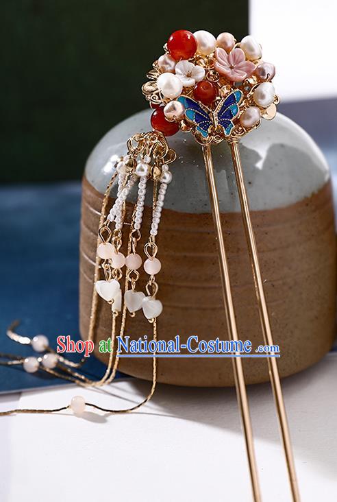 Handmade Chinese Classical Pearls Hair Clip Traditional Hair Accessories Ancient Hanfu Tassel Shell Hairpins for Women