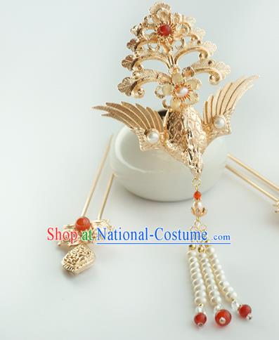 Chinese Classical Wedding Golden Phoenix Hair Crown and Hairpins Handmade Traditional Bride Hair Accessories Complete Set