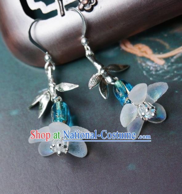 Chinese Handmade Hanfu Light Blue Glass Earrings Traditional Ear Jewelry Accessories Classical Flower Eardrop for Women