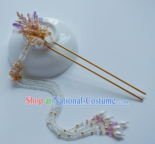 Handmade Chinese Beads Tassel Hair Clip Traditional Hair Accessories Ancient Hanfu Amethyst Flower Hairpins for Women