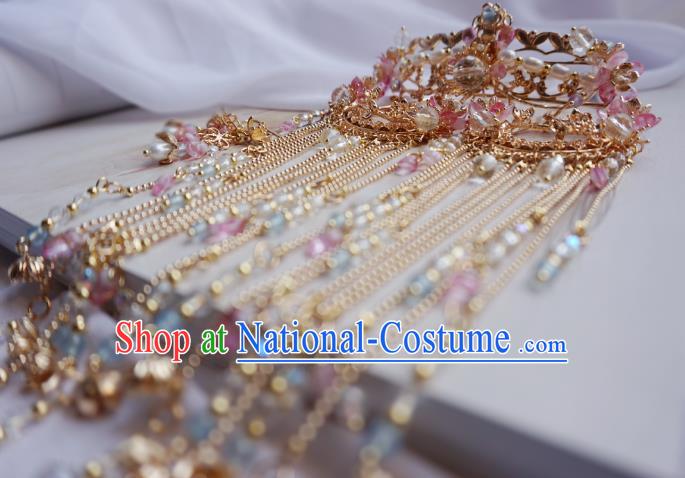 Chinese Classical Wedding Pearls Hair Crown and Tassel Step Shake Handmade Traditional Bride Hair Accessories Complete Set