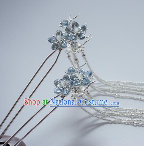 Handmade Chinese Hanfu Blue Plum Hair Clip Traditional Hair Accessories Ancient White Beads Tassel Hairpins for Women