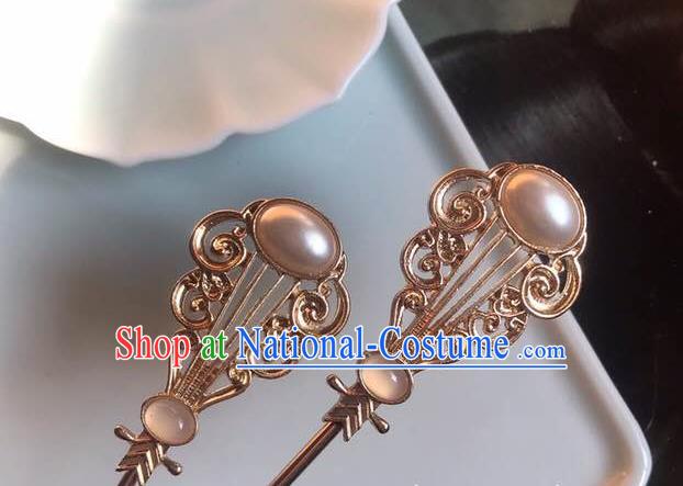 Handmade Chinese Tang Dynasty Pearl Hair Clip Traditional Hair Accessories Ancient Princess Golden Hairpins for Women