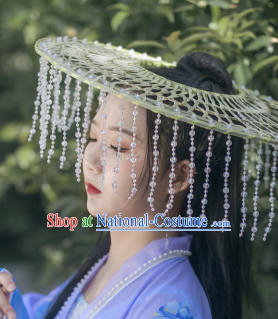 Chinese Traditional Ancient Hanfu Tassel Hat Headwear Handmade Ming Dynasty Female Swordsman Bamboo Hat for Women