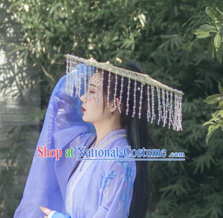 Chinese Traditional Ancient Hanfu Tassel Hat Headwear Handmade Ming Dynasty Female Swordsman Bamboo Hat for Women