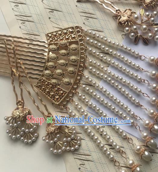 Handmade Chinese Tang Dynasty Court Hair Clip Traditional Hair Accessories Ancient Empress Beads Tassel Golden Hairpins for Women