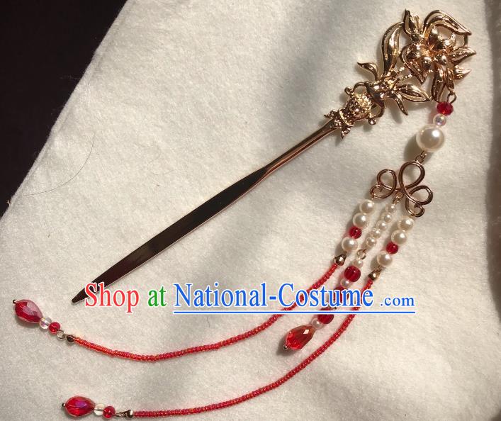 Handmade Chinese Tang Dynasty Golden Orchid Hair Clip Traditional Hair Accessories Ancient Empress Red Beads Tassel Hairpins for Women