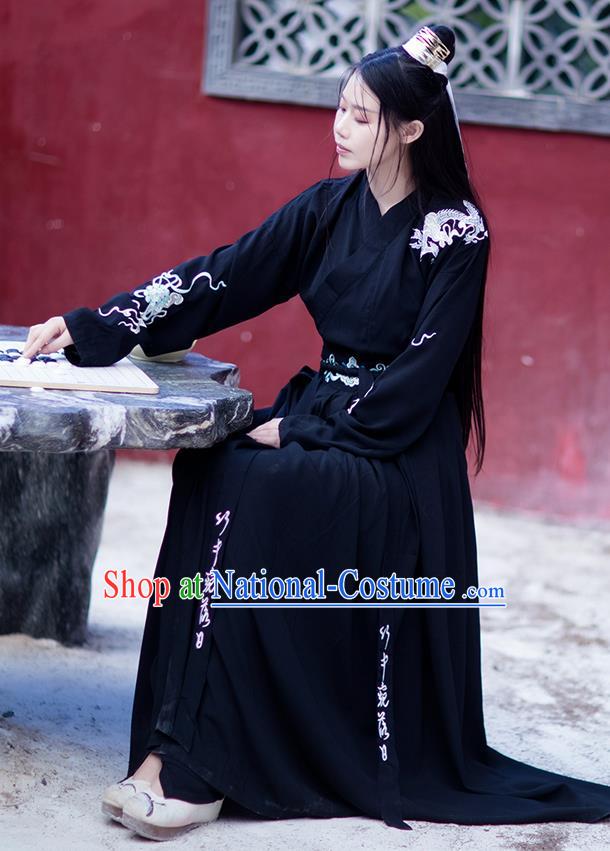 Chinese Traditional Ming Dynasty Swordswoman Hanfu Garment Ancient Female Assassin Costumes Black Cloak Blouse and Skirt Complete Set