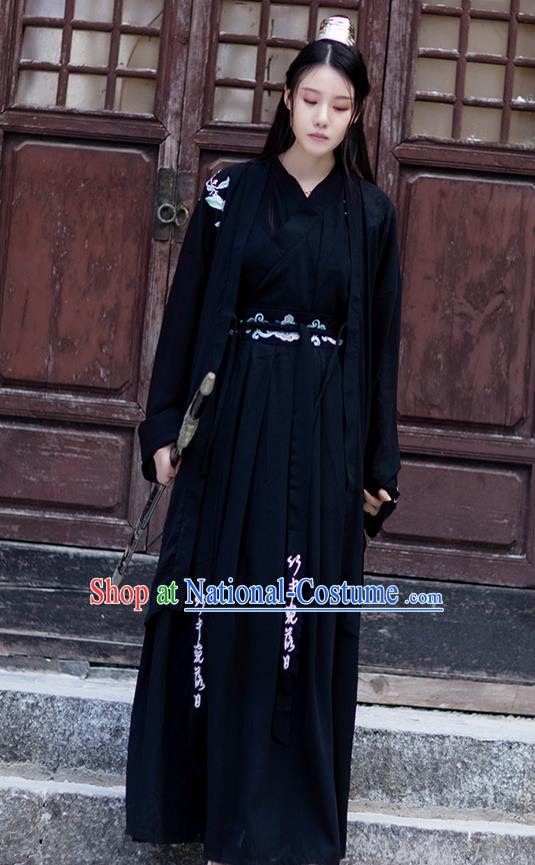 Chinese Traditional Ming Dynasty Swordswoman Hanfu Garment Ancient Female Assassin Costumes Black Cloak Blouse and Skirt Complete Set