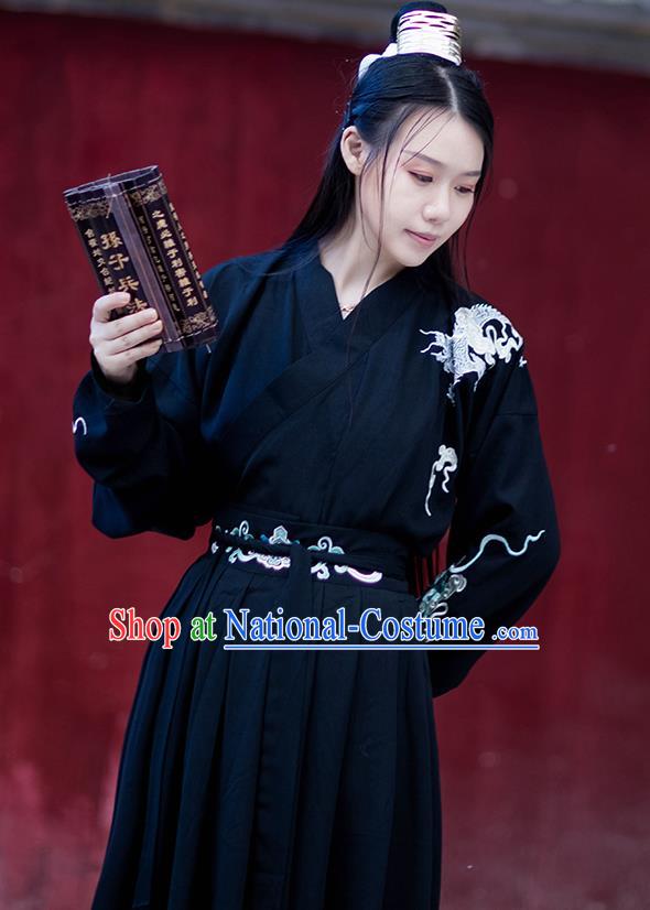 Chinese Traditional Ming Dynasty Swordswoman Hanfu Garment Ancient Female Assassin Costumes Black Cloak Blouse and Skirt Complete Set