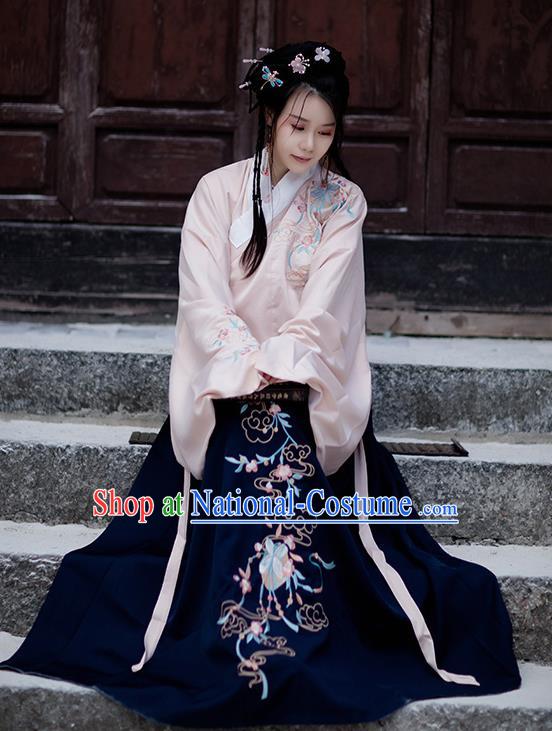 Chinese Ancient Ming Dynasty Hanfu Garment Costumes Traditional Embroidered Pink Blouse and Navy Skirt for Rich Lady