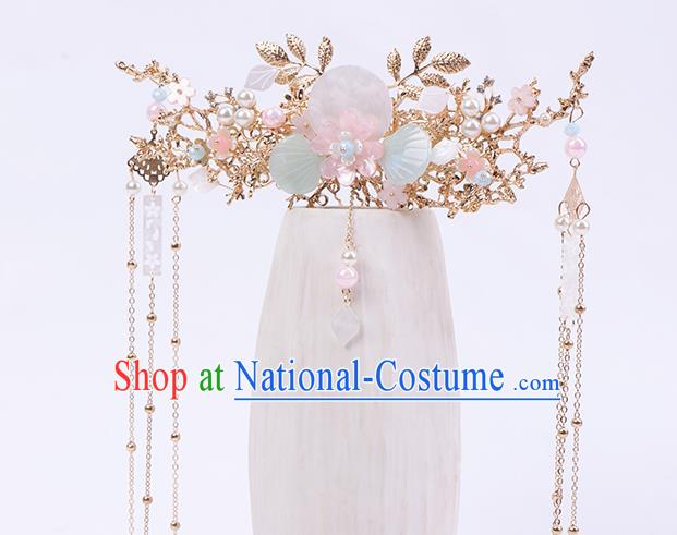 Chinese Classical Wedding Shell Hair Crown Handmade Traditional Bride Hair Accessories Golden Tassel Phoenix Coronet