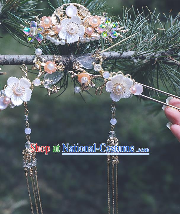 Chinese Classical Wedding Shell Flowers Hair Crown and Tassel Hairpins Handmade Traditional Bride Hair Accessories Complete Set