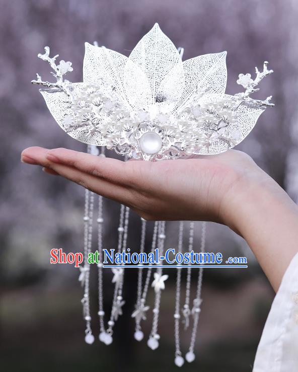 Chinese Classical Argent Leaf Tassel Hair Crown Handmade Traditional Court Hair Accessories