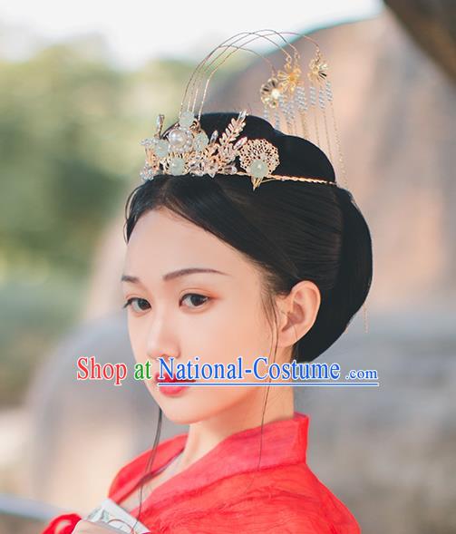 Chinese Classical Green Flowers Hair Crown Handmade Traditional Court Hair Accessories Golden Tassel Phoenix Coronet