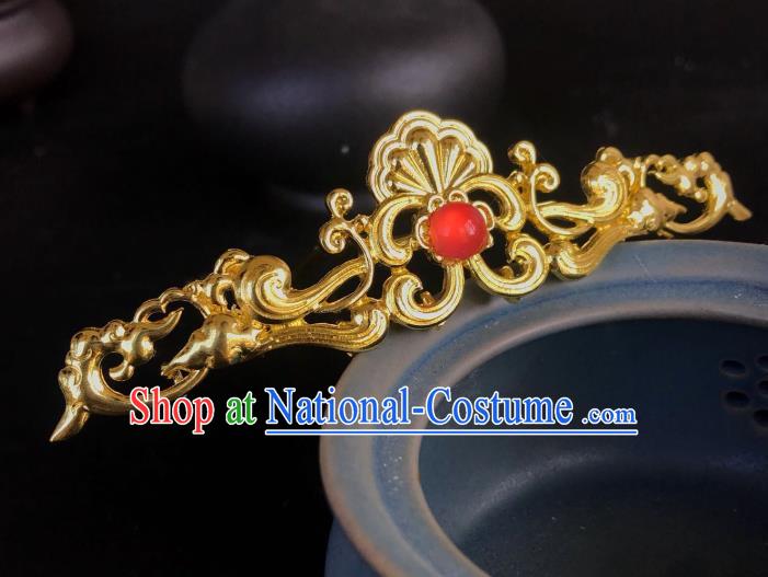 Handmade Chinese Tang Dynasty Palace Golden Hair Clip Traditional Hair Accessories Ancient Empress Red Stone Hairpins for Women