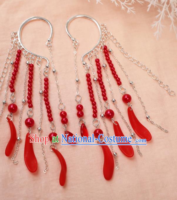 Traditional Chinese Red Beads Ear Accessories Handmade Tassel Eardrop Ancient Female Swordsman Earrings for Women