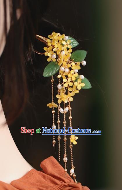 Handmade Chinese Cheongsam Yellow Fragrans Hair Clip Traditional Hanfu Hair Accessories Pearls Tassel Hairpins for Women