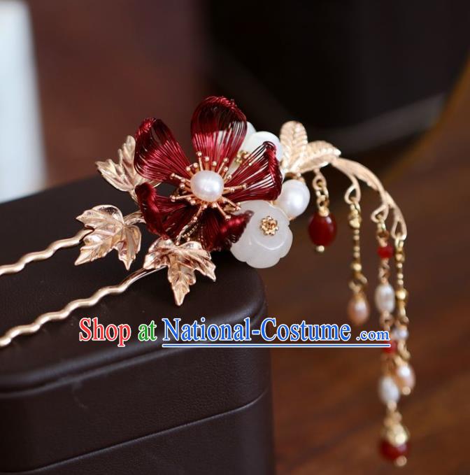 Handmade Chinese Cheongsam Red Flower Hair Clip Traditional Hanfu Hair Accessories Tassel Hairpins for Women