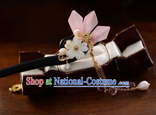 Handmade Chinese Cheongsam Shell Plum Hair Clip Traditional Hanfu Hair Accessories Ebony Purple Tassel Hairpins for Women