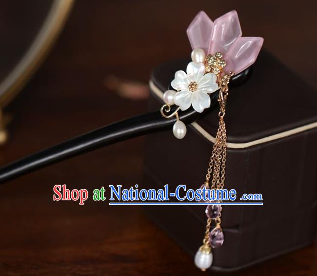 Handmade Chinese Cheongsam Shell Plum Hair Clip Traditional Hanfu Hair Accessories Ebony Purple Tassel Hairpins for Women