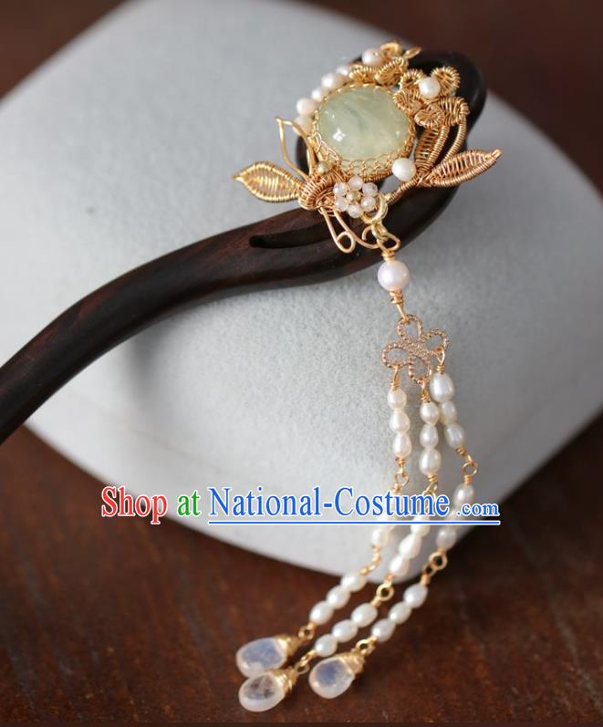 Handmade Chinese Cheongsam Chrysoprase Ebony Hair Clip Traditional Hanfu Hair Accessories Pearls Tassel Hairpins for Women